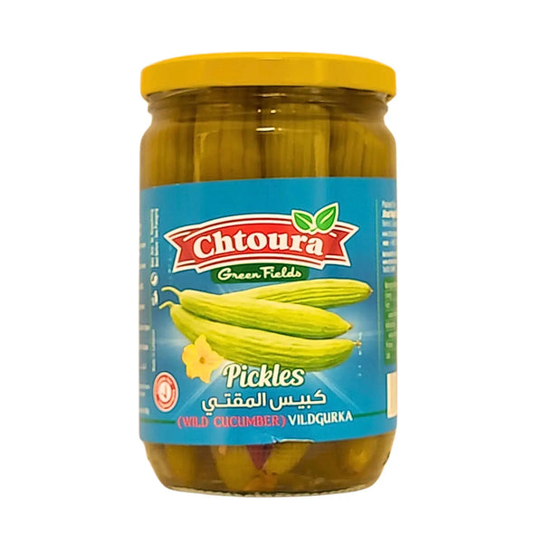 Burk med inlagd vildgurka, Chtoura Green Fields, blå etikett, orientalisk inlagd gurka.