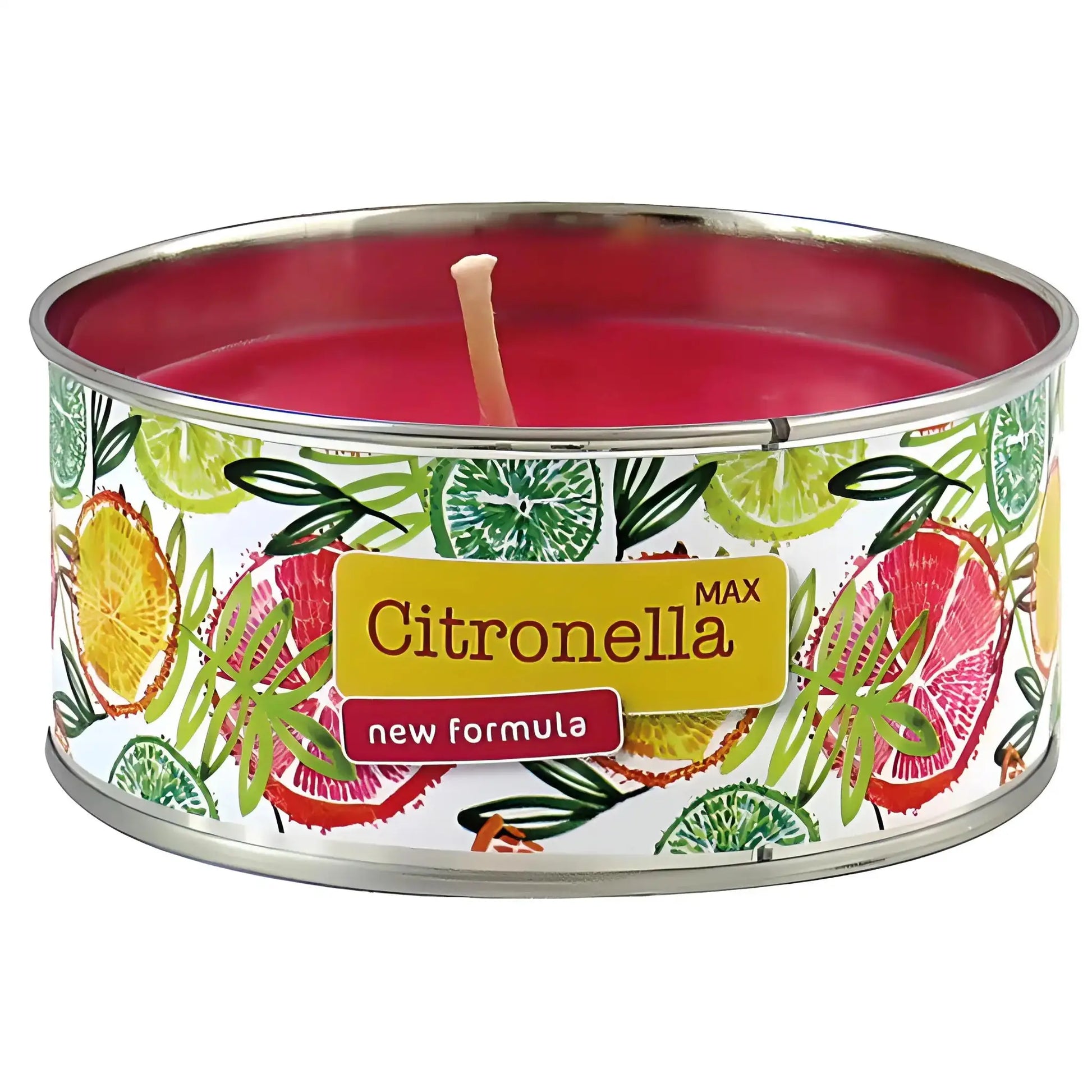 Citronella ljusburk med färgglad citrusdesign, rosa vax och etikett med texten 'new formula'.