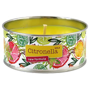 Gult citronellaljus i metallburk med citrusmotiv och texten Citronella MAX new formula