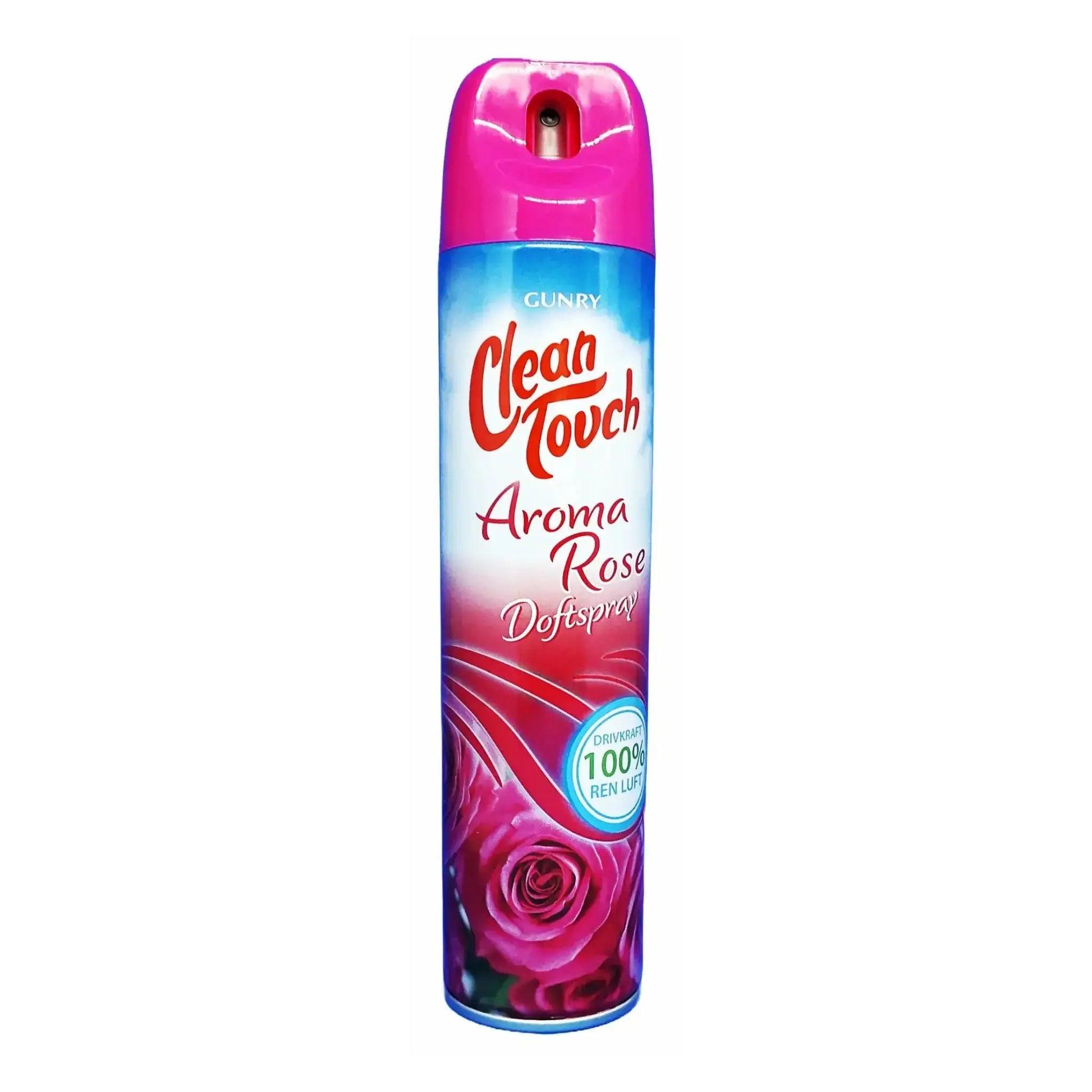 Rosa Clean Touch Aroma Rose doftspray 240ml med ros-motiv på vit bakgrund.