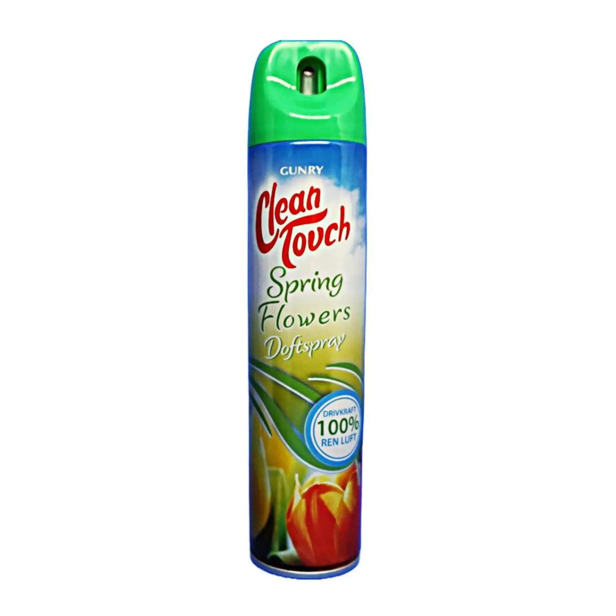 Clean Touch Spring Flowers doftspray 240ml med grön kork och blommotiv på vit bakgrund