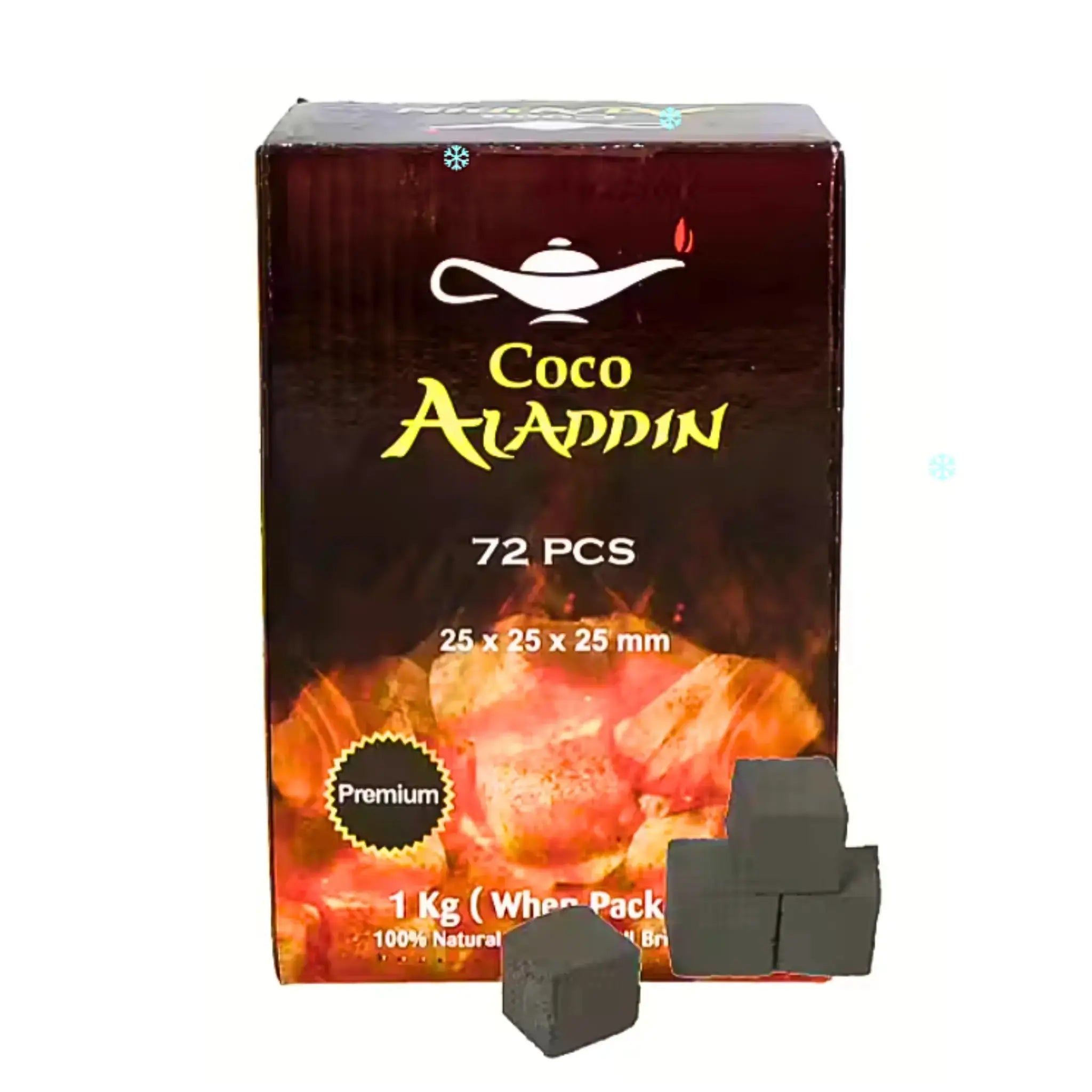 Coco Aladdin 1kg naturkol 72 bitar kuber för vattenpipa, förpackning med glödande kol i bakgrunden