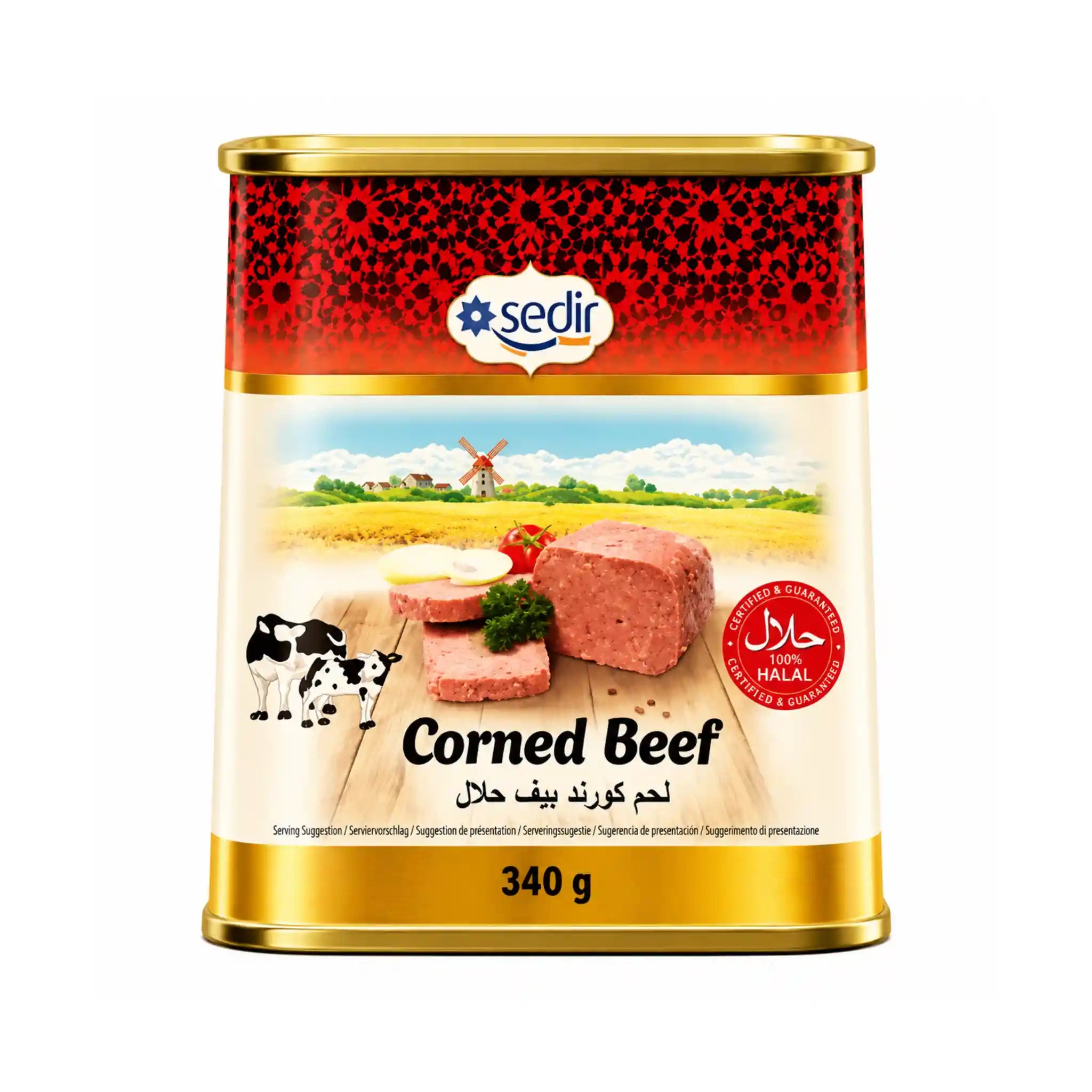 Sedir corned beef på burk, röd etikett och guldlock, 340 g