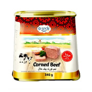 Sedir Corned Beef halal, 340g konservburk med tydlig etikett och serveringsförslag på framsidan