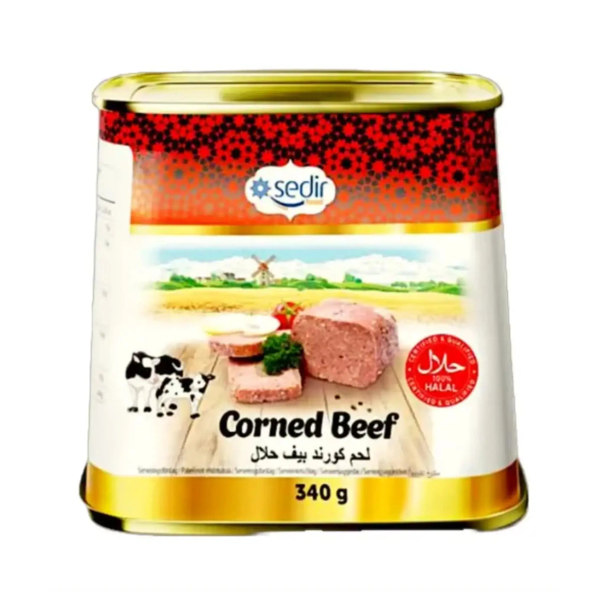 Sedir Corned Beef halal, 340g konservburk med tydlig etikett och serveringsförslag på framsidan