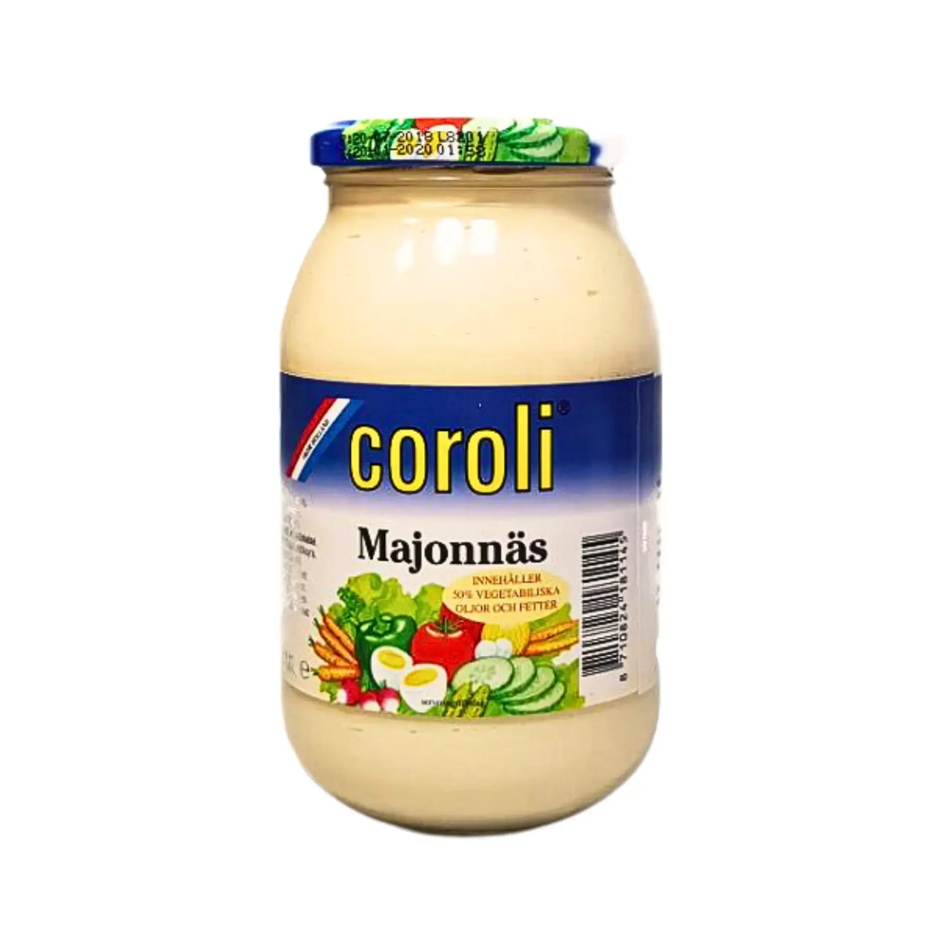 Glasburk med Coroli majonnäs 500 g, vit krämig dressing, grönsaker på etiketten