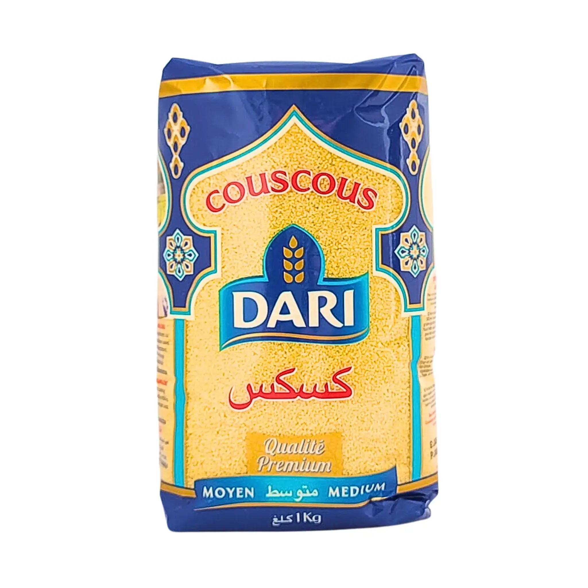 Dari couscous medium 1 kg, orientaliskt livsmedel i blå och gul förpackning