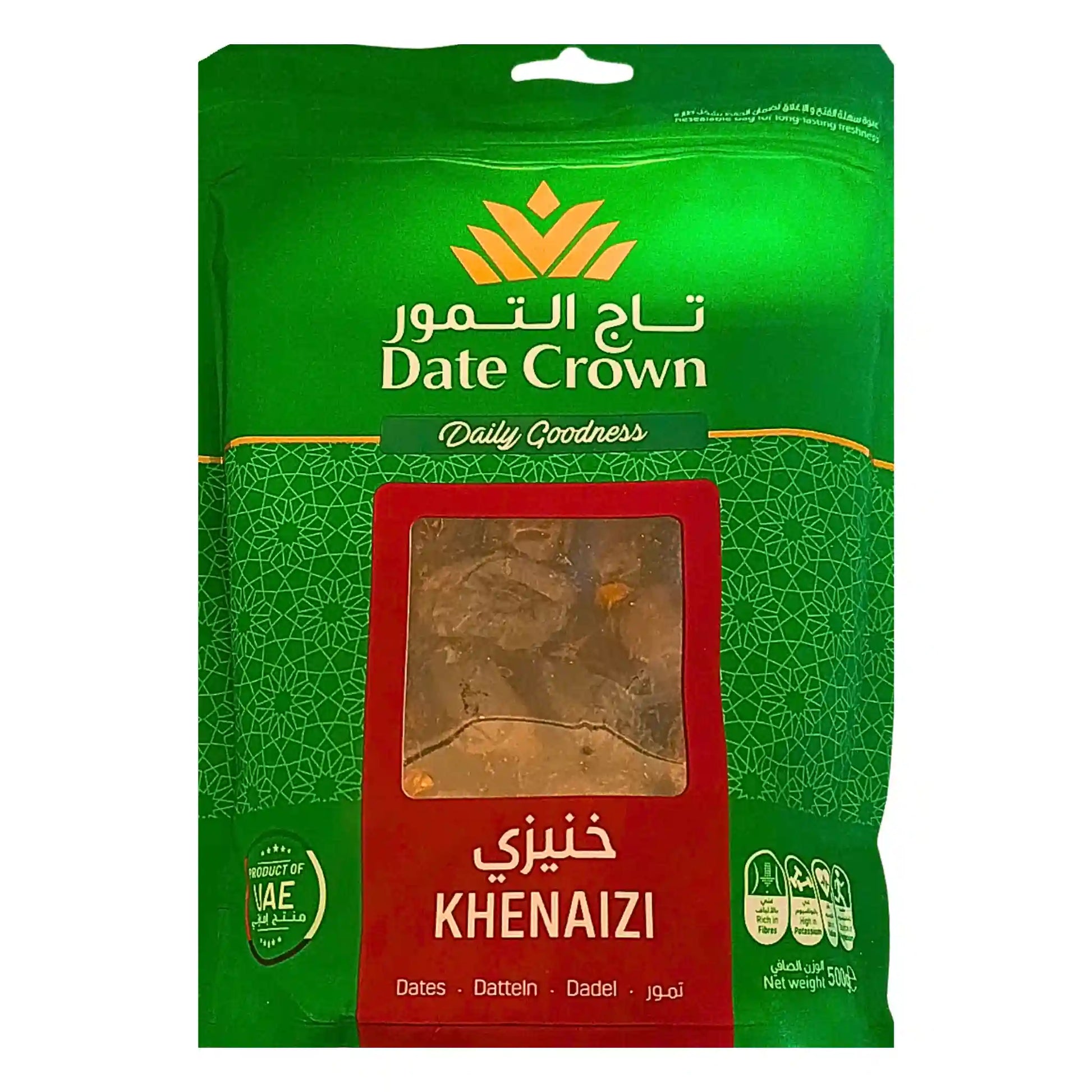 Grön påse med Crown Dadlar Khenaizi 500g, orientaliska dadlar, synliga genom plastfönster.