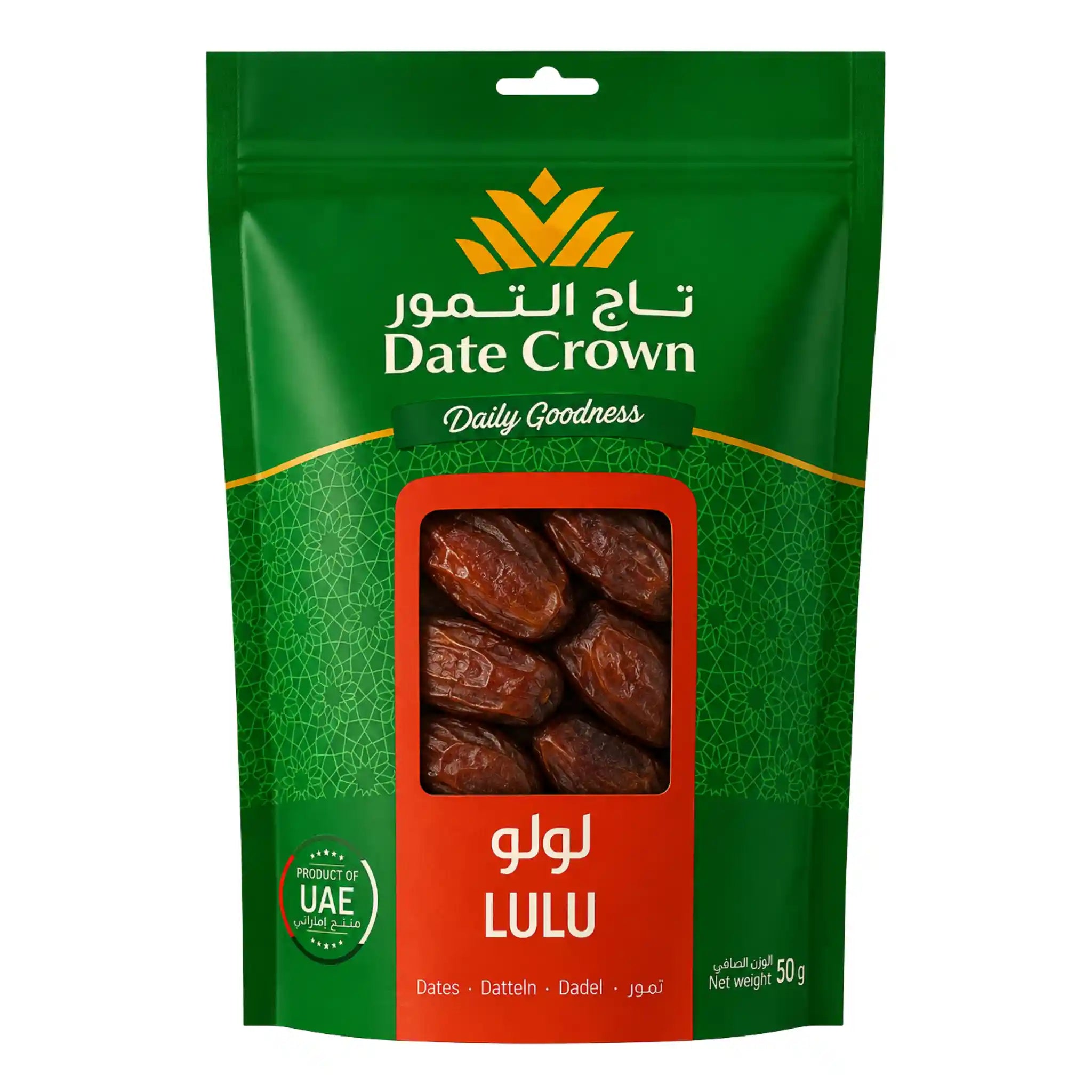 Grön påse med fönster som visar mörka dadlar, Date Crown Lulu