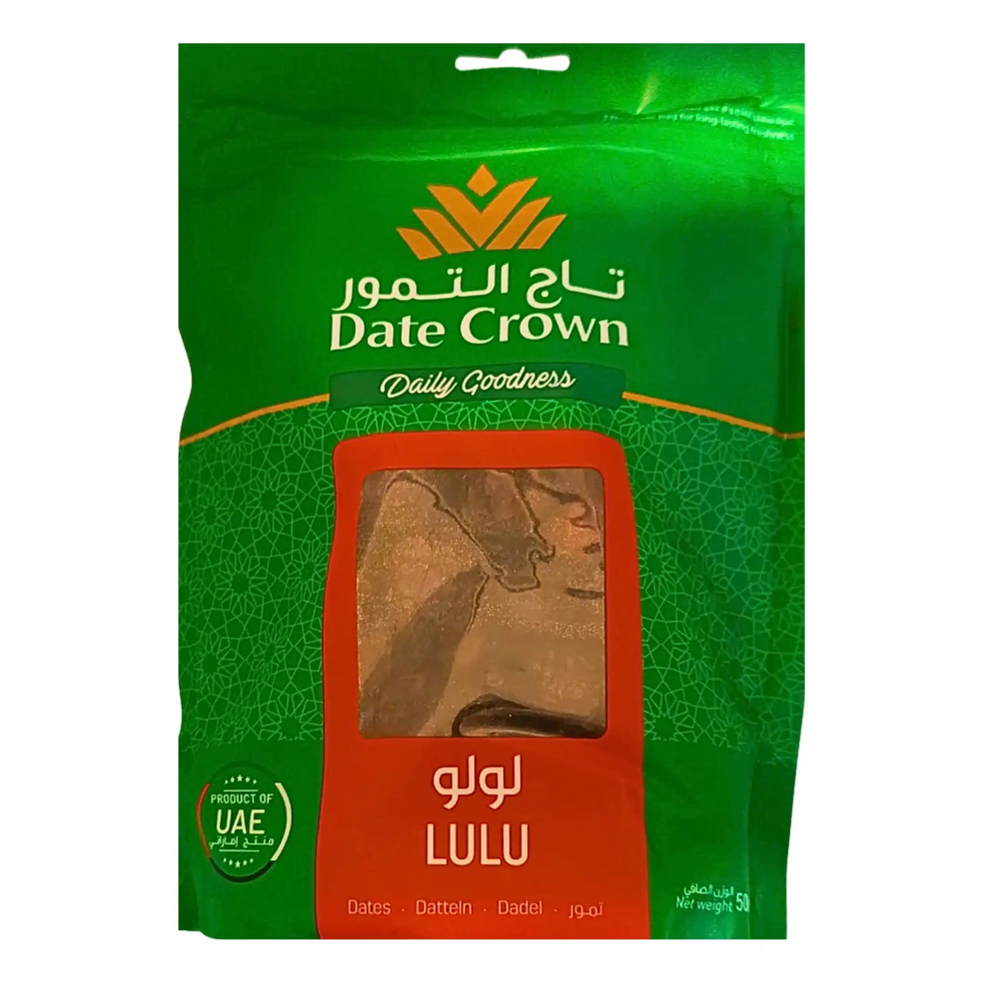 Grön förpackning av Lulu dadlar 500g, Date Crown, med tydligt fönster som visar dadlarna.