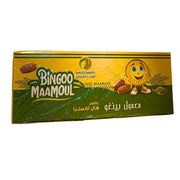 Bingoo Maamoul låda med dadelfyllda kakor och kardemumma, gulgrön förpackning.