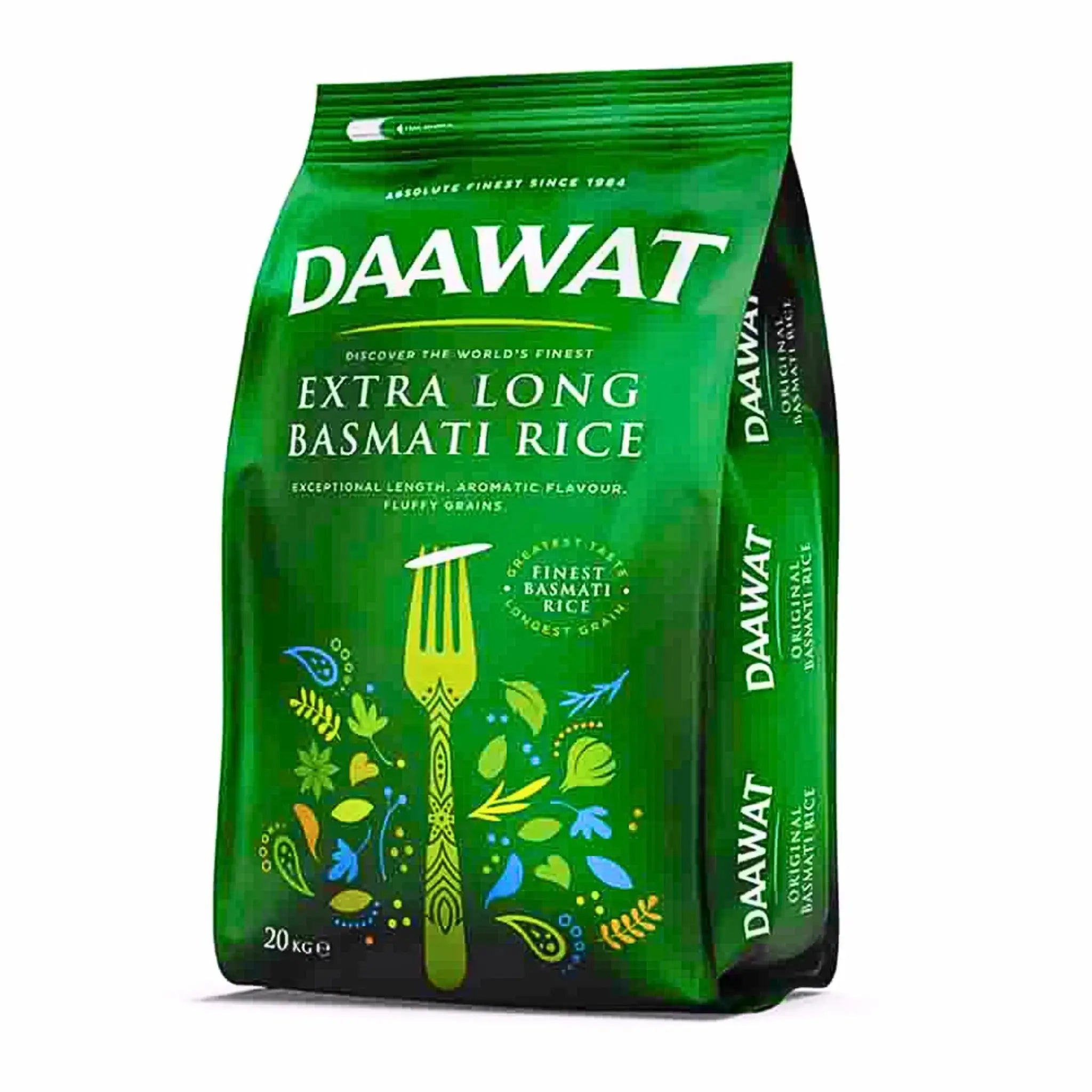 Grön påse med Daawat extra lång basmatiris, 20 kg, orientaliska mönster.