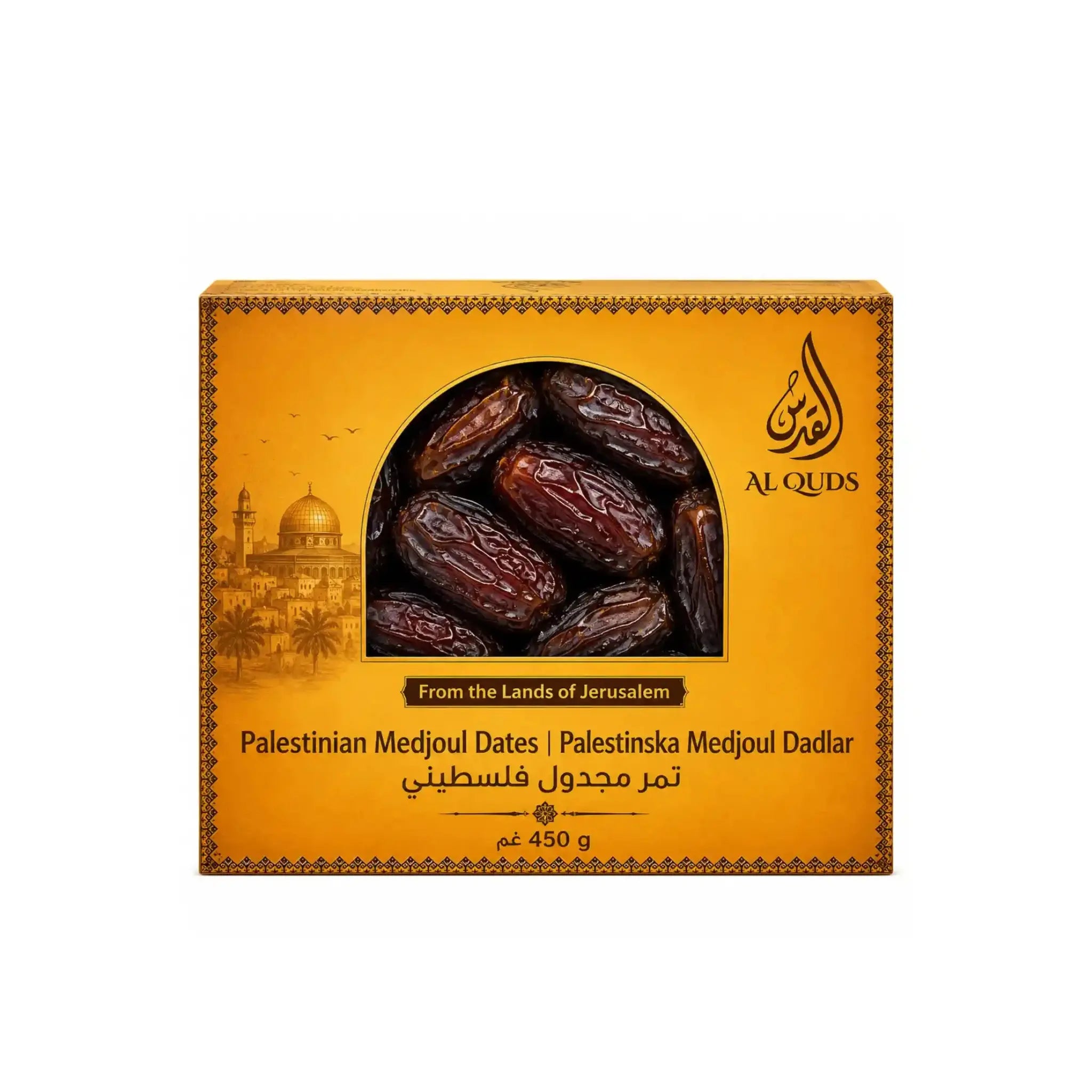 Medjouldadlar i Al Quds-förpackning, klass 1, 450 g, fönster med dadlar
