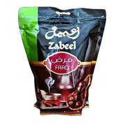 Förpackning med Zabeel Fard dadlar 500g, färgglad design med arabiska och engelska texter.