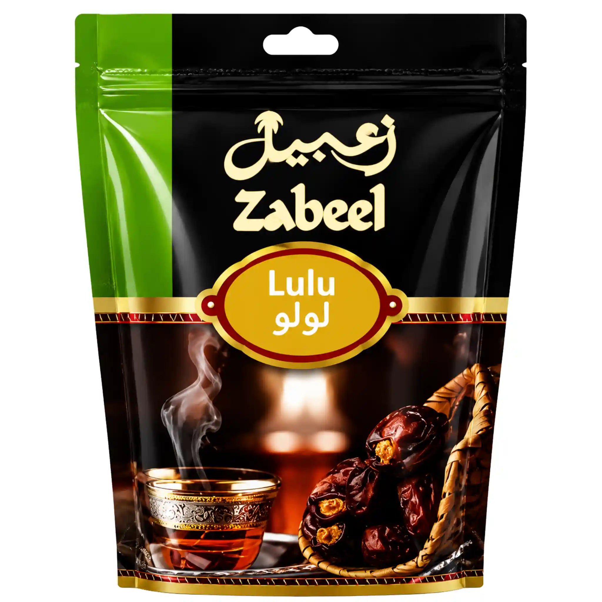 Zabeel Lulu smaksatt tobak i svart påse med gröna detaljer och ångbild