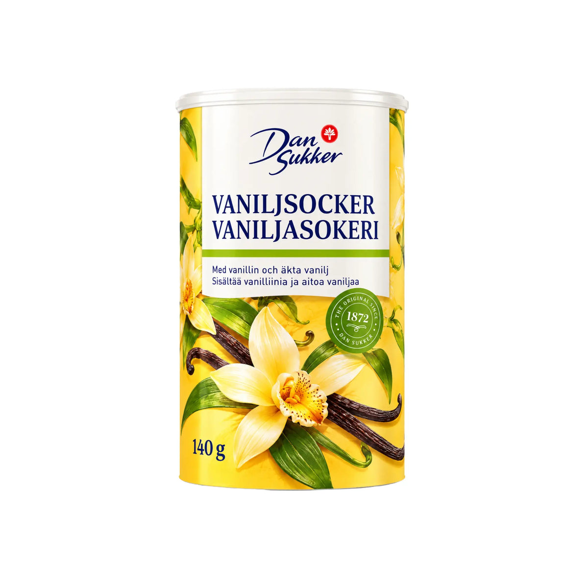 Dan Sukker Vaniljsocker 140g burk med vitt finmalet vaniljsocker för bakning