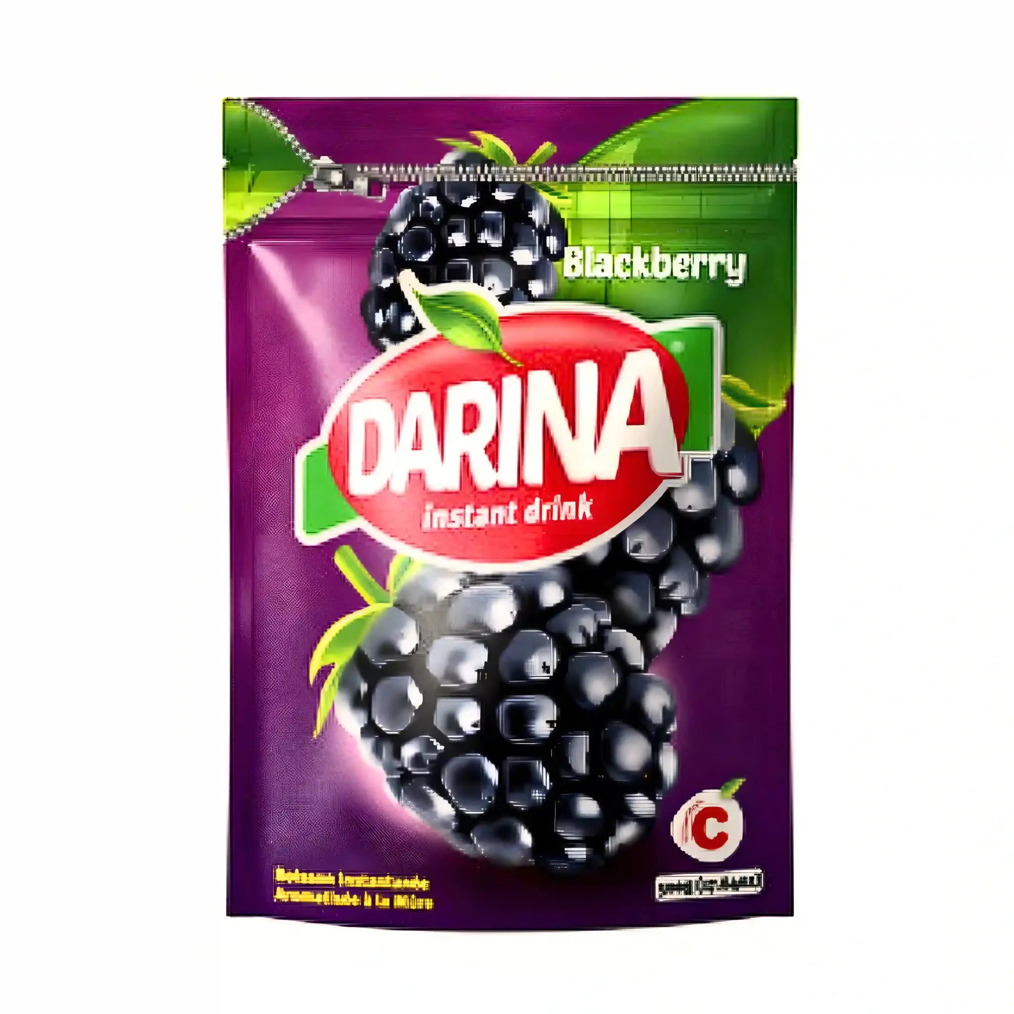 Darina juicepulver björnbär i lila förpackning, instant drycksmix med bärmotiv.