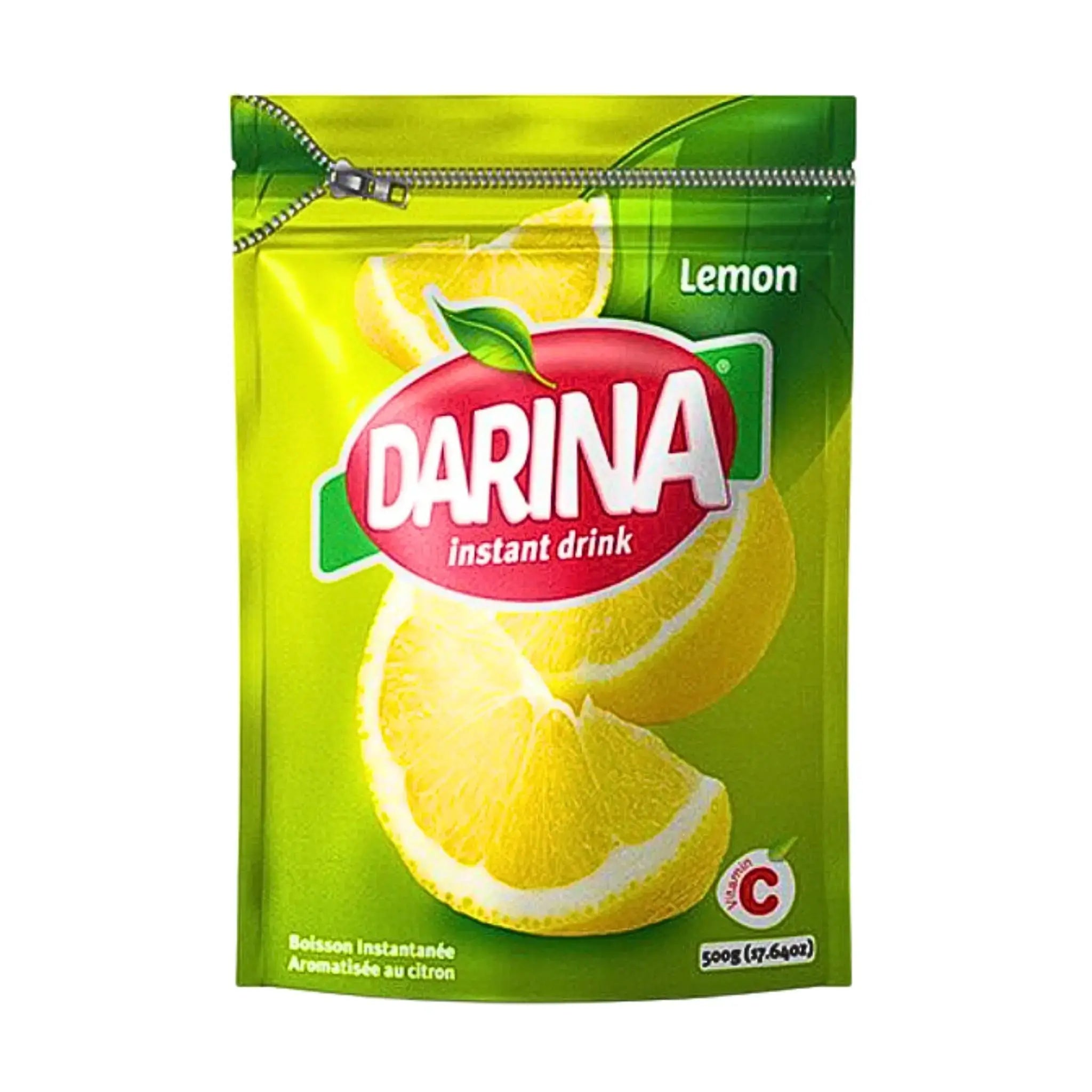 Darina citronjuicepulver i påse, 500g, grönt förpackning med citronskivor på framsidan