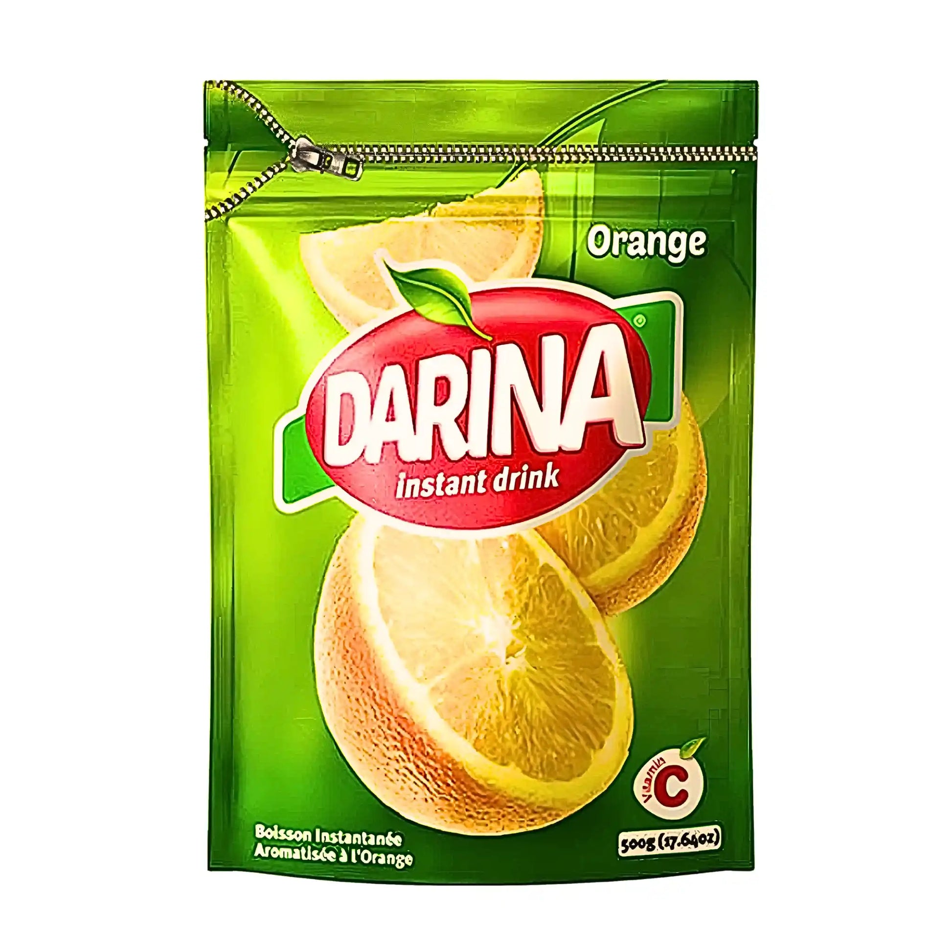 Apelsinjuicepulver i grön påse med apelsinskivor, 500g instant dryck.