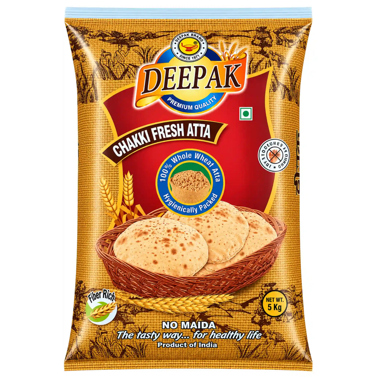 Deepak chakkki fresh atta 5 kg, påse med fullkornsvetemjöl, gulbrun