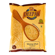 Djupgul förpackning med Deepak Moong Dhuli delade gula mungbönor 1kg, orientaliska baljväxter.