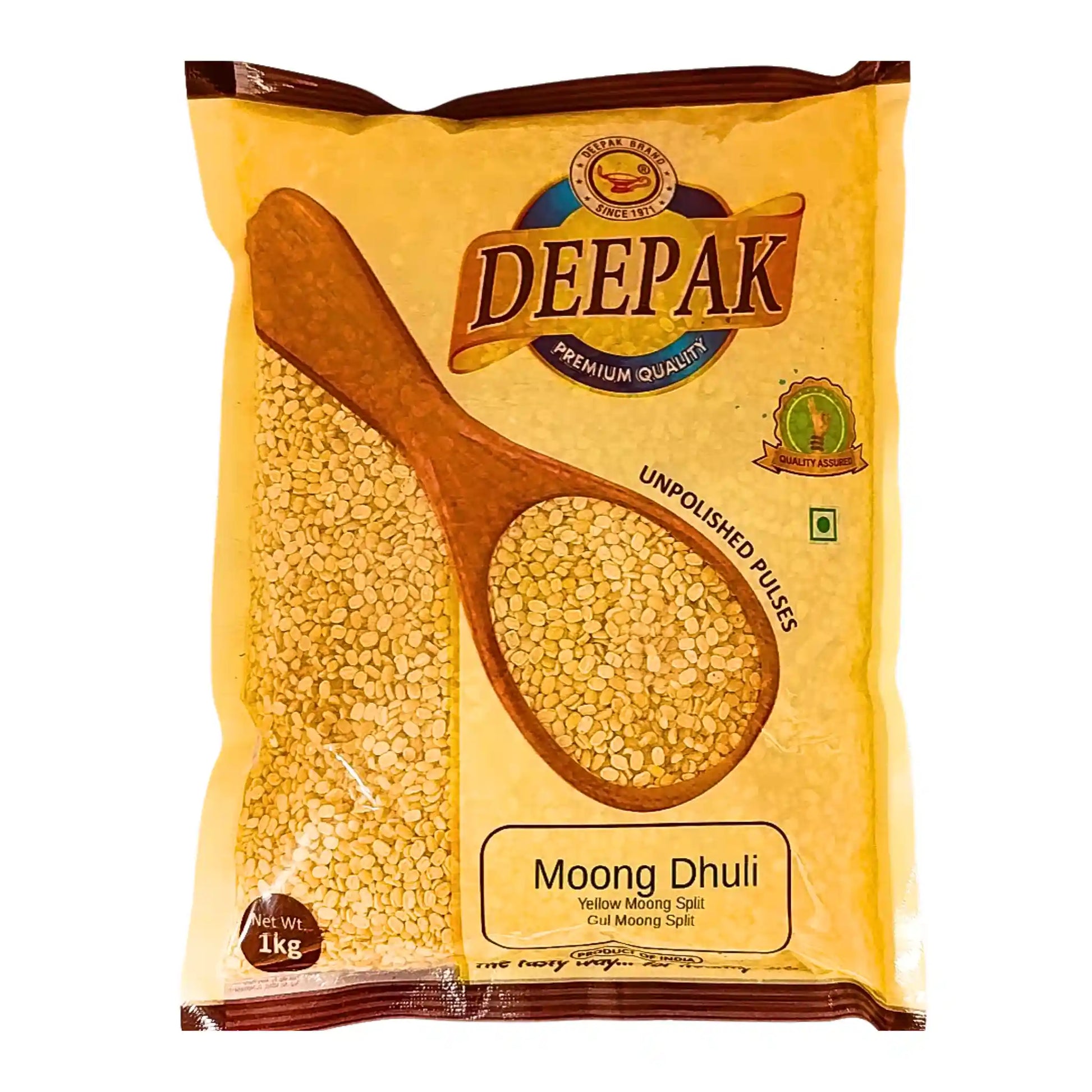 Djupgul förpackning med Deepak Moong Dhuli delade gula mungbönor 1kg, orientaliska baljväxter.