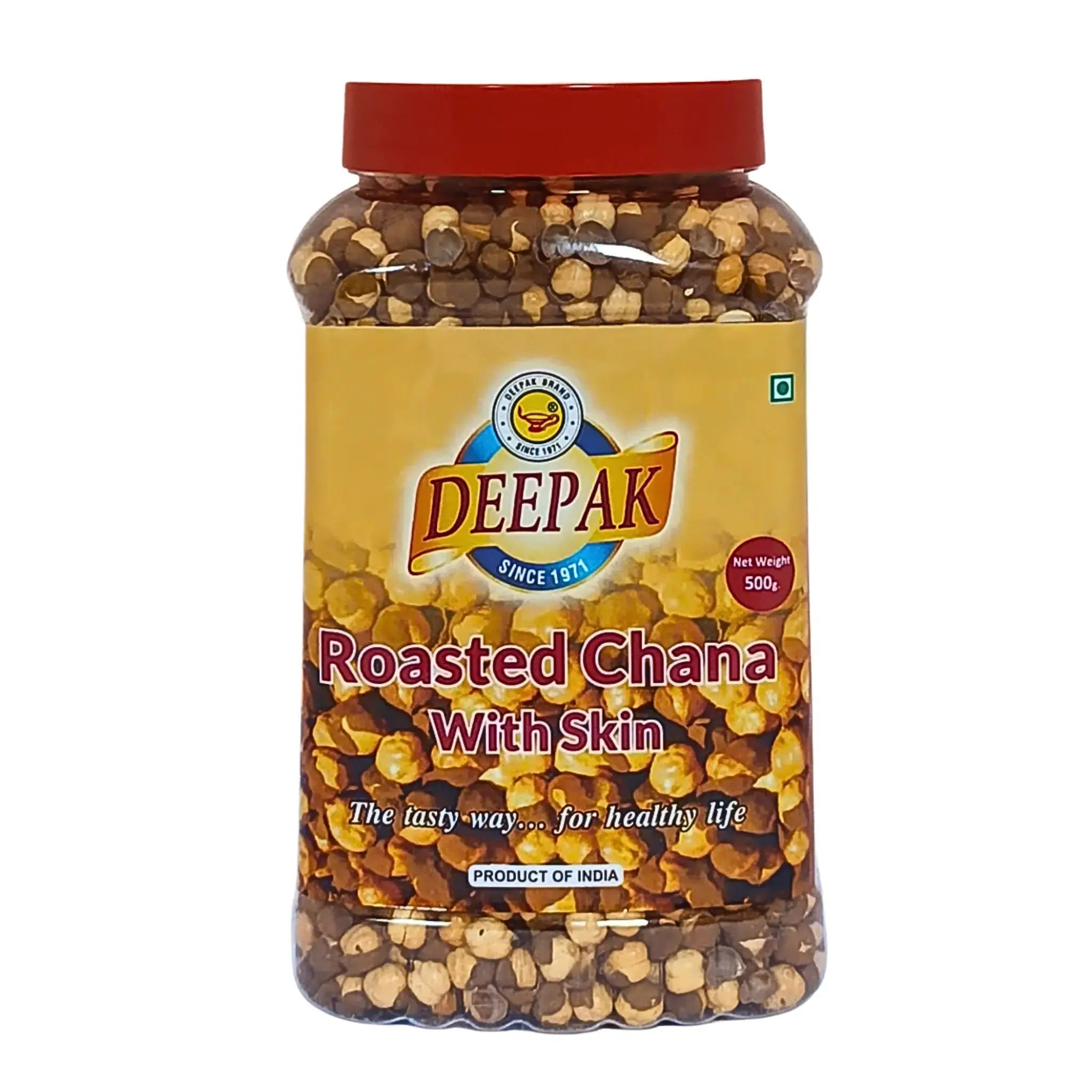 Burk med Deepak rostade kikärtor med skal, 500g, indisk snacksprodukt.