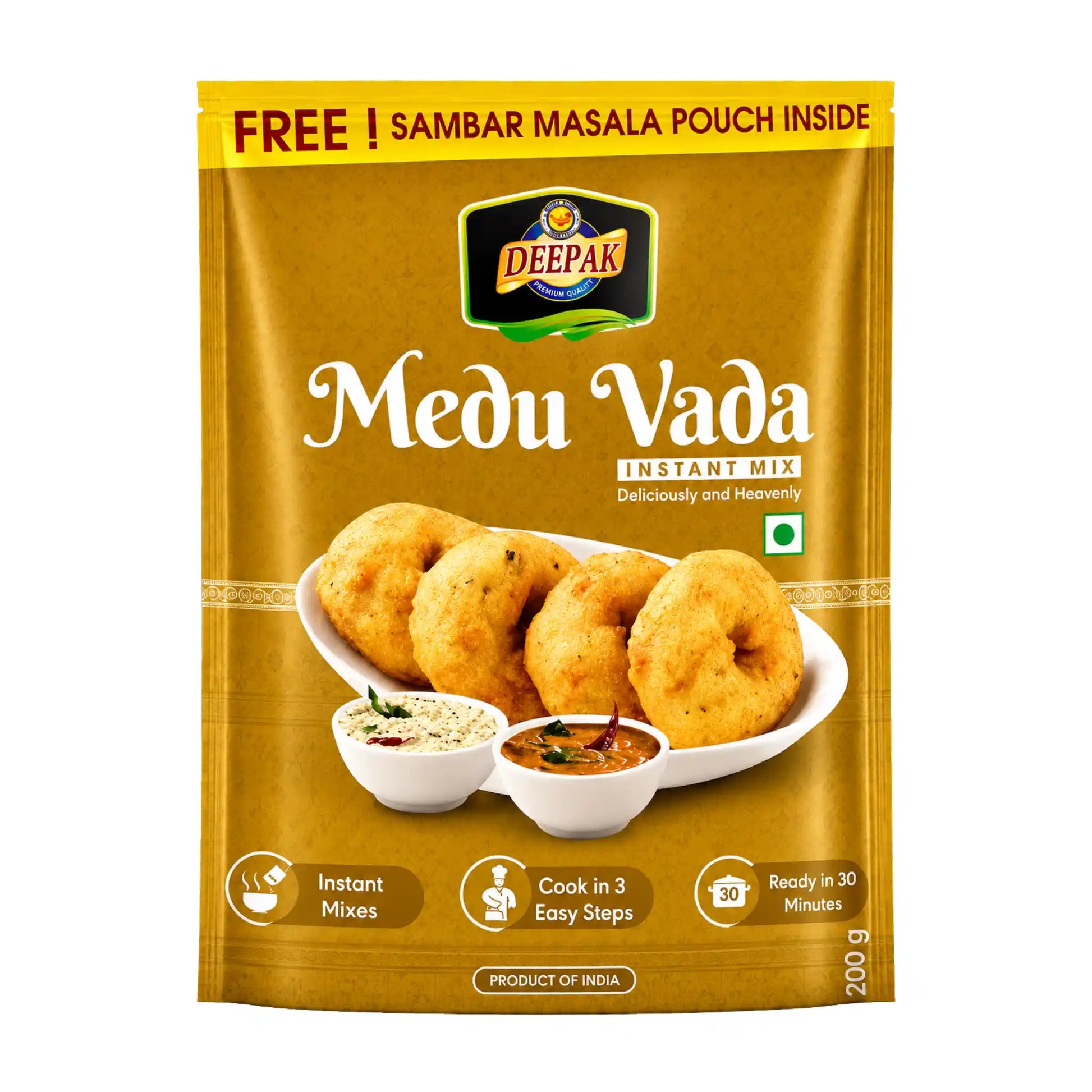 200g förpackning av Deepak Medu Vada Mix för tillagning av indiska friterade linsdonuts.