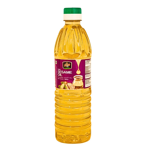 Sesamolja 500ml plastflaska med grön kork och lila etikett, orientaliska matvaror