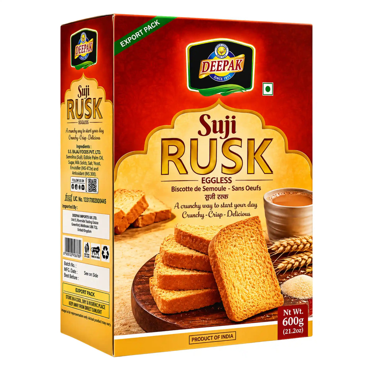 Deepak suji rusk 600 g i kartong, med bild på kex.