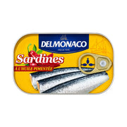 Delmonaco sardiner i olja, kryddiga i konservburk med gul etikett och lock.