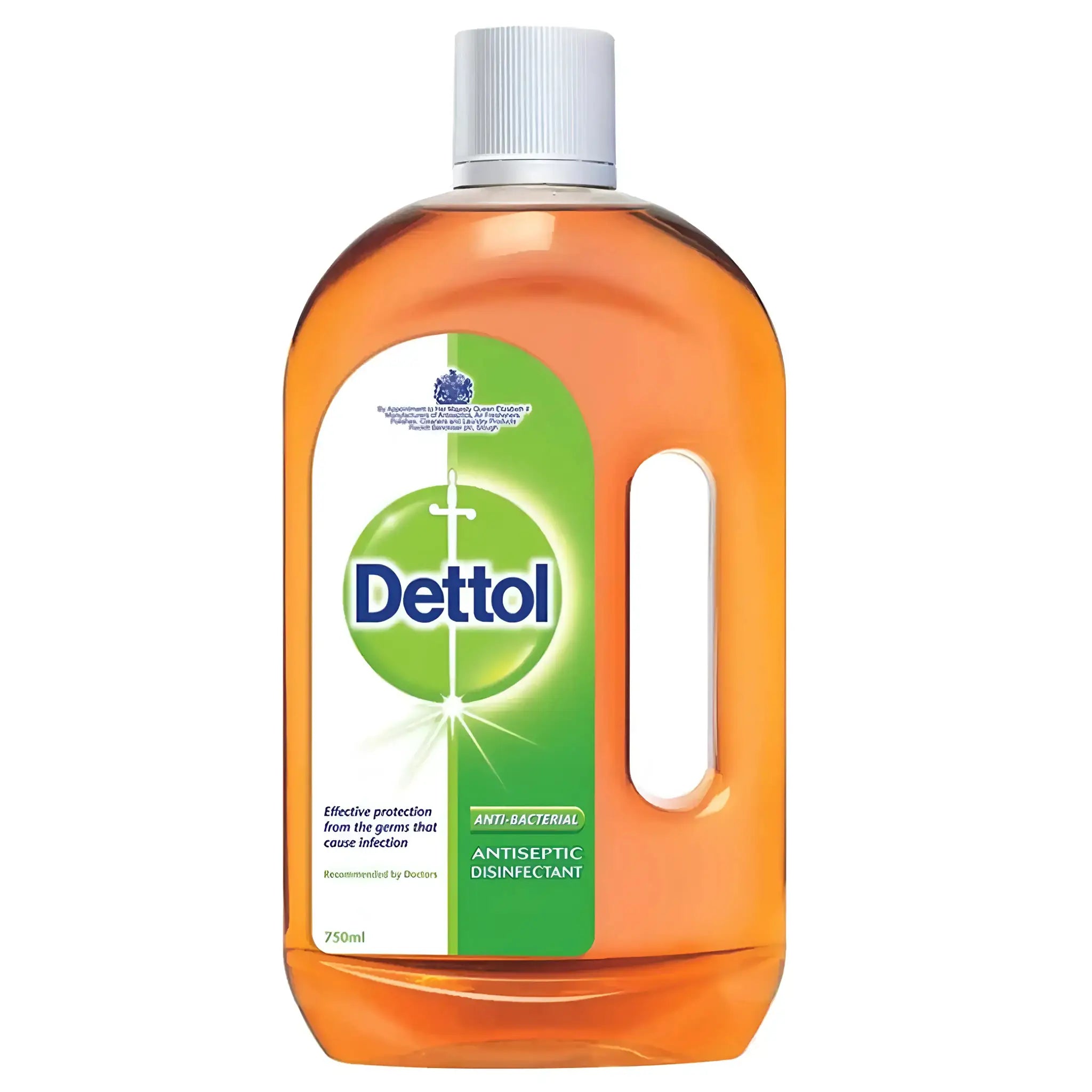 Flaska med antiseptisk desinfektionsmedel Dettol 750 ml, orange vätska, grön etikett