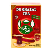 Do Ghazal Ceylon te orientalisk påse, röd förpackning med glas te och teblad