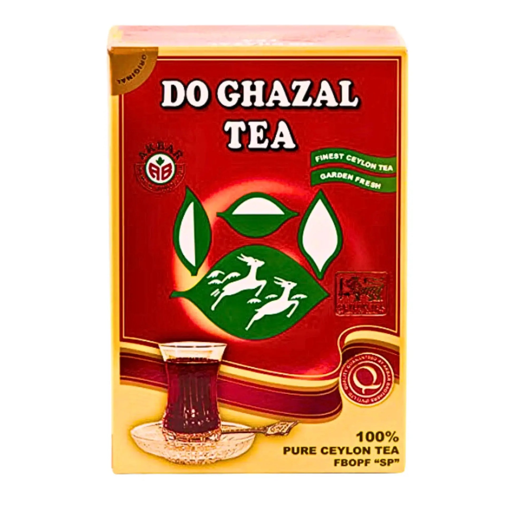 Do Ghazal Ceylon te orientalisk påse, röd förpackning med glas te och teblad