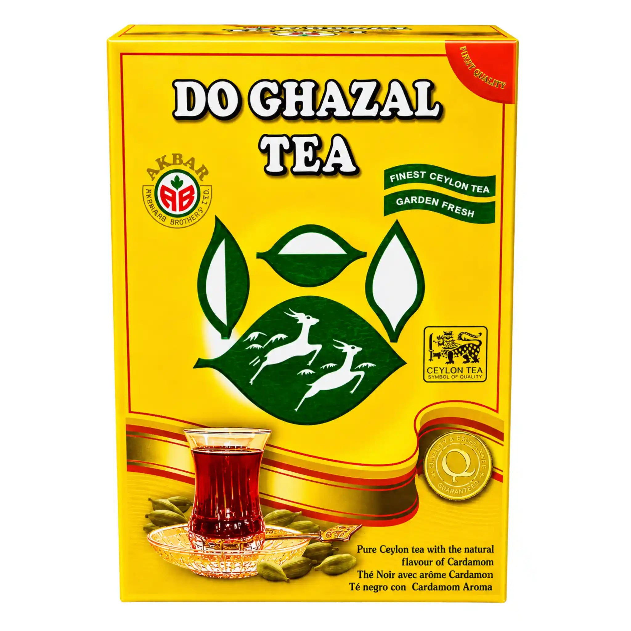 Teask med gul förpackning, Do Ghazal Tea, Ceylonte och kardemumma