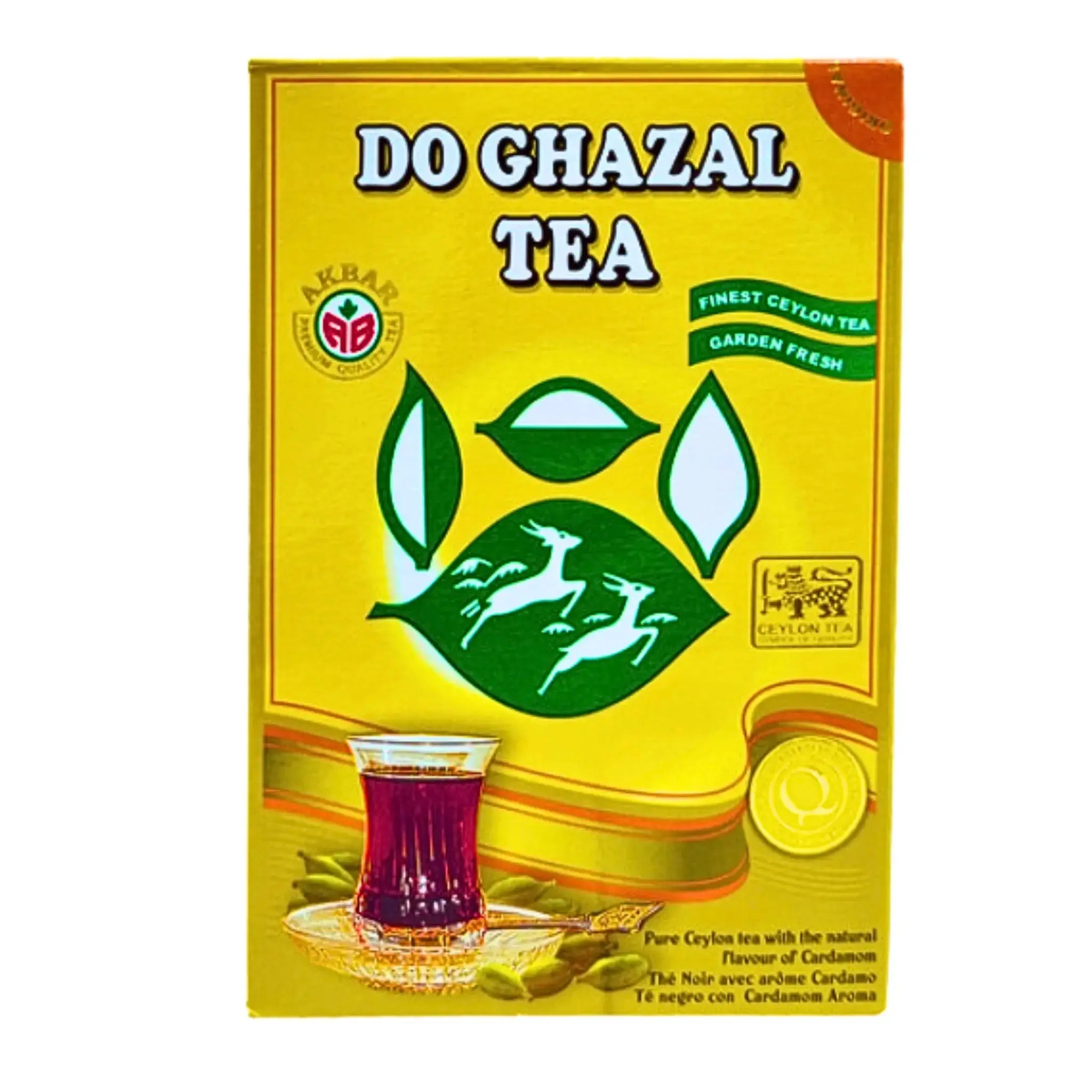 Do Ghazal kardemummate, gul teförpackning med grön logo och glas te med kardemumma framtill.