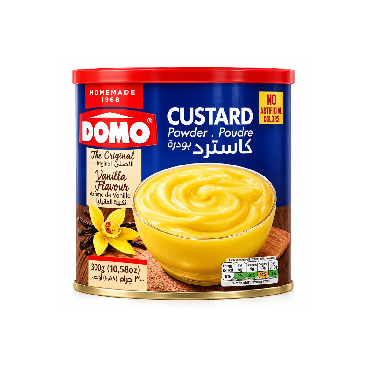 Domo vaniljkrämpulver i plåthink med röd lock, för custarddessert