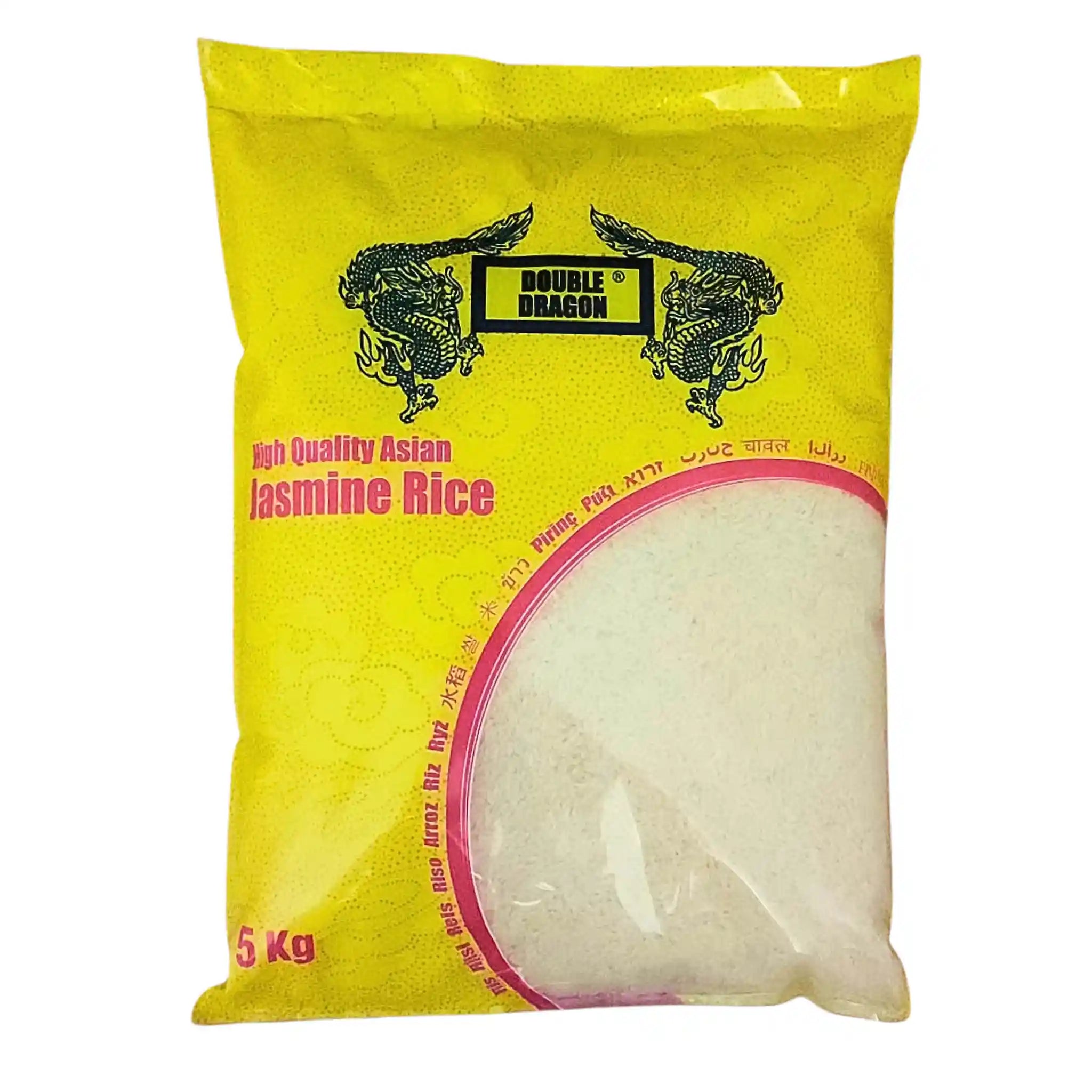 Risförpackning på 5 kg med texten High Quality Asian Jasmine Rice, gul påse med drakmotiv.