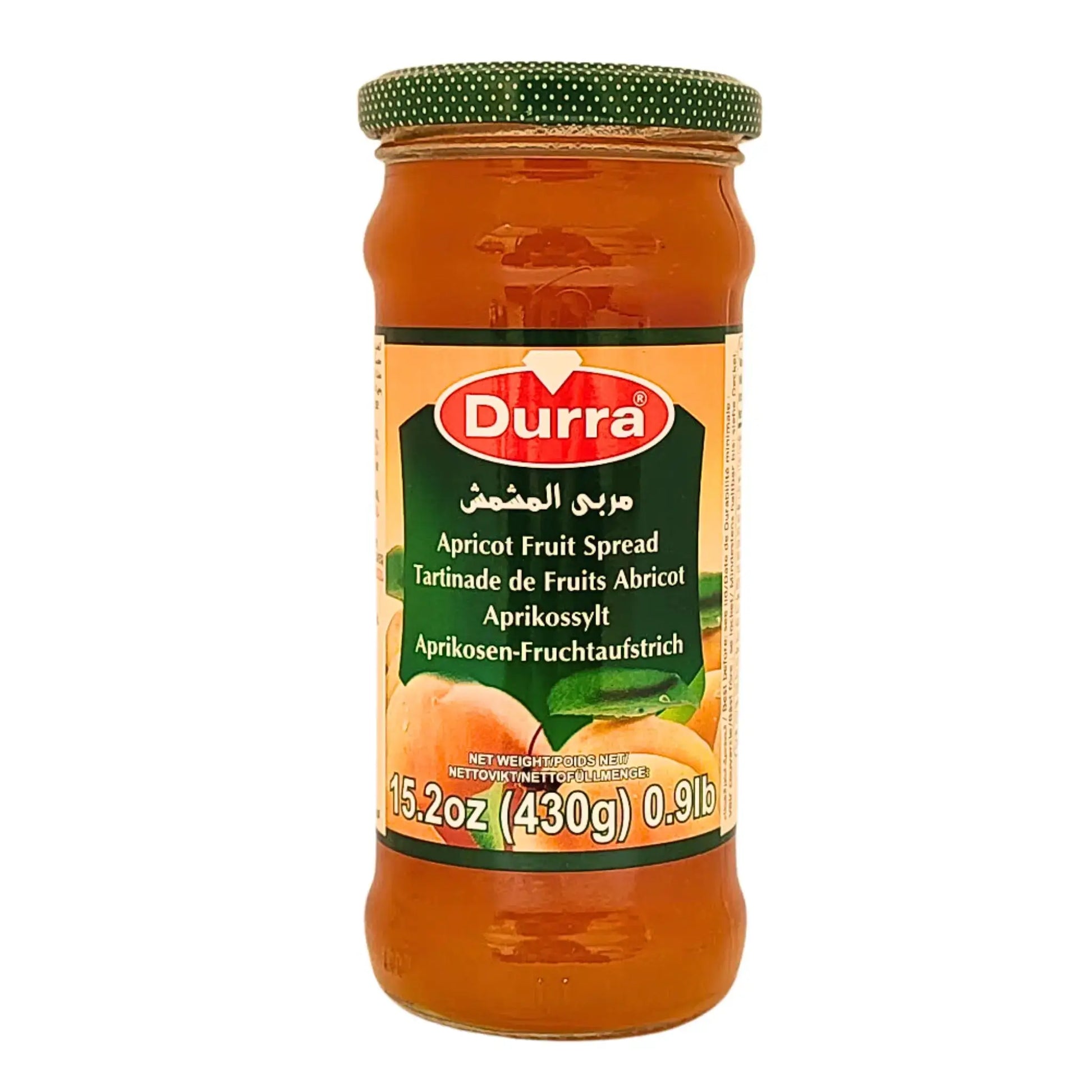 Durra aprikosmarmelad 430g glasburk, orientalisk fruktmarmelad med aprikos på vit bakgrund