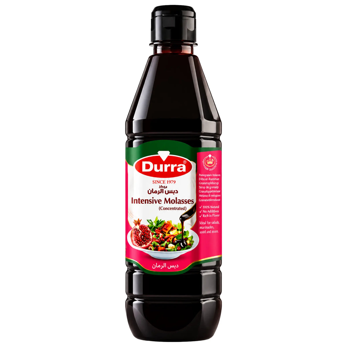 Durra Granatäpple Sirap 1L flaska fylld med mörk och trögflytande granatäpplemelass
