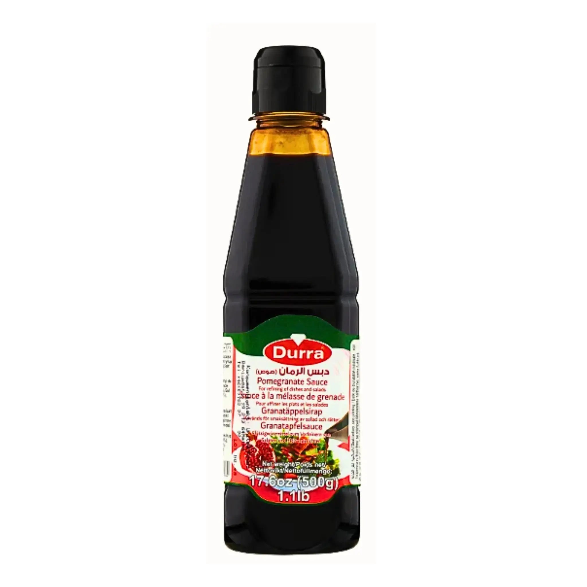 Durra granatäpplesirap 500g flaska med färgglad etikett och orientaliska motiv