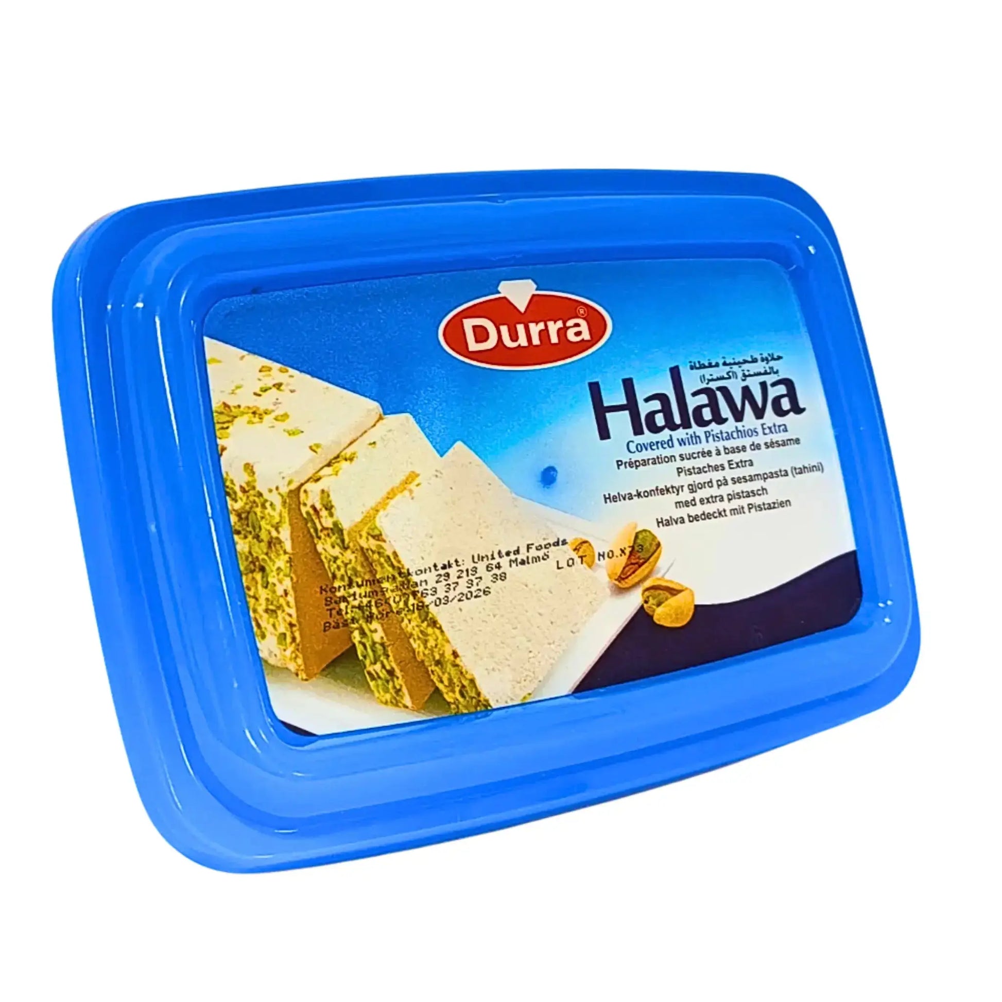 Halawa med extra pistage i blå plastförpackning, sesamgodis orientaliskt sött