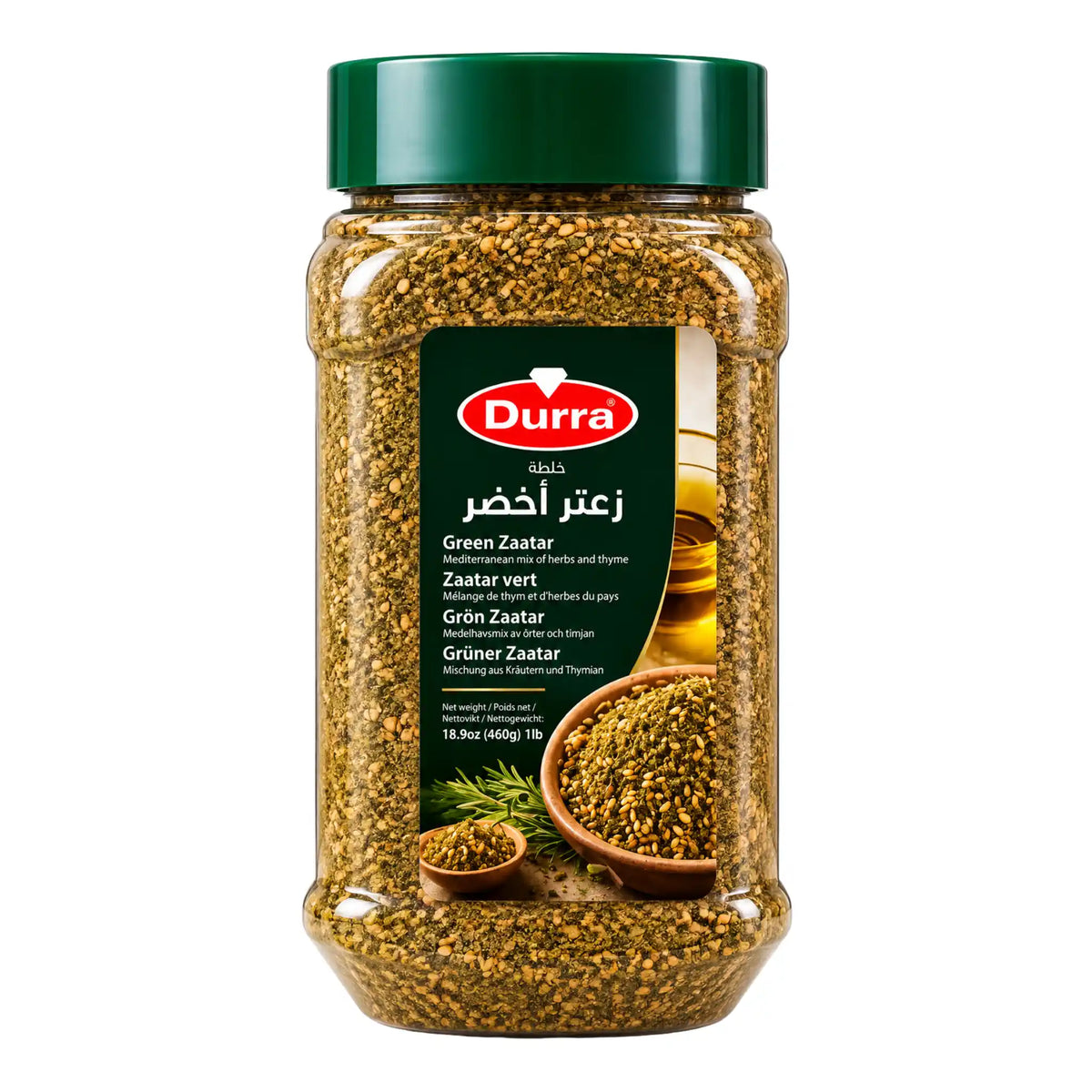 Durra Timjan Grön 450g – burk med arabisk grön za'atar kryddblandning.