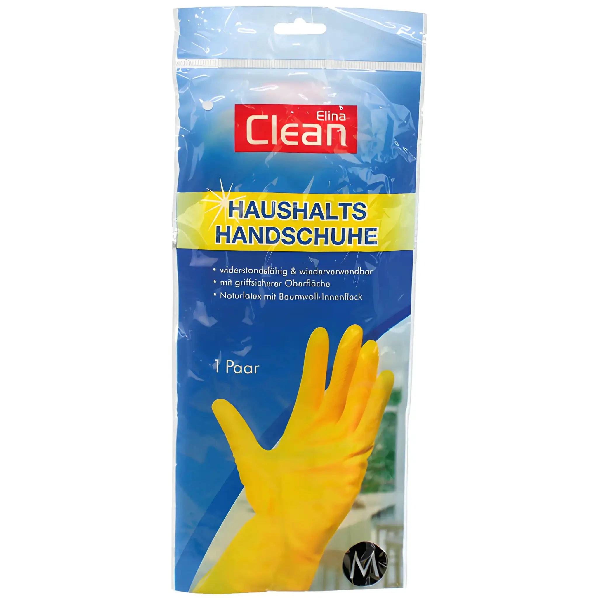 Förpackning med gula rengöringshandskar av latex, storlek M, hushållshandskar.