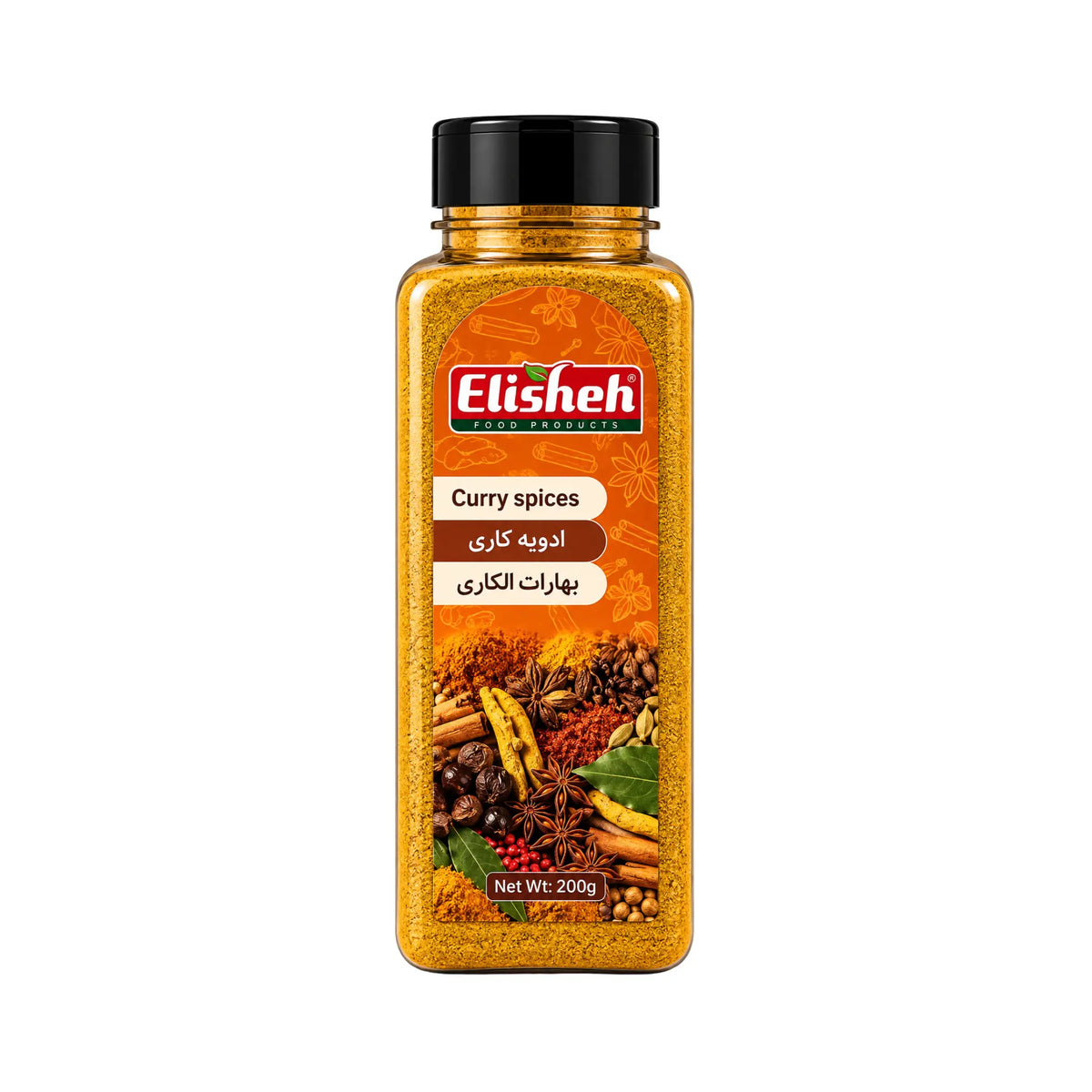 Elisheh currykrydda i pulverform, kryddflaska med svart lock och guldfärgad etikett