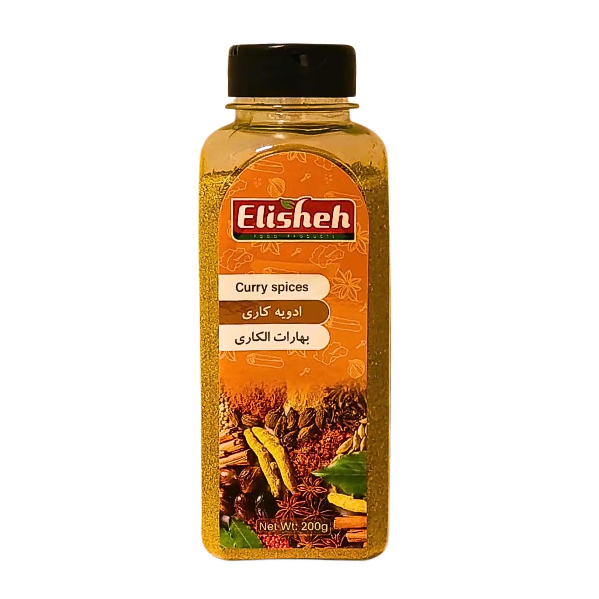 Flaska med curry kryddpulver 200g med färgglad etikett, orientaliska kryddor