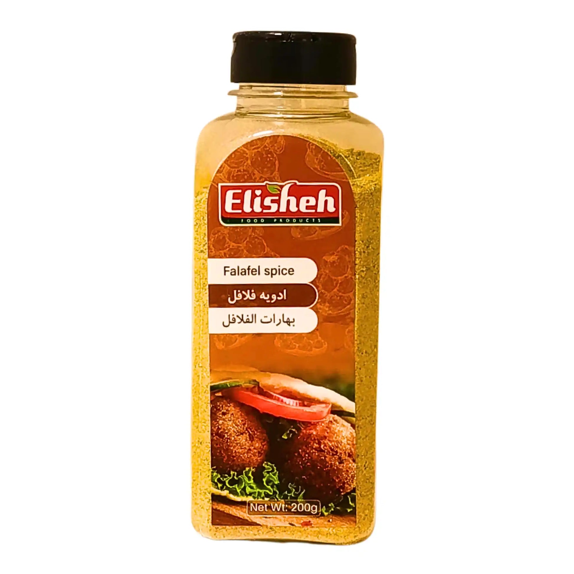 Elishej falafelkrydda 200g i plastburk, med bild på falafel och grönsaker på etiketten.