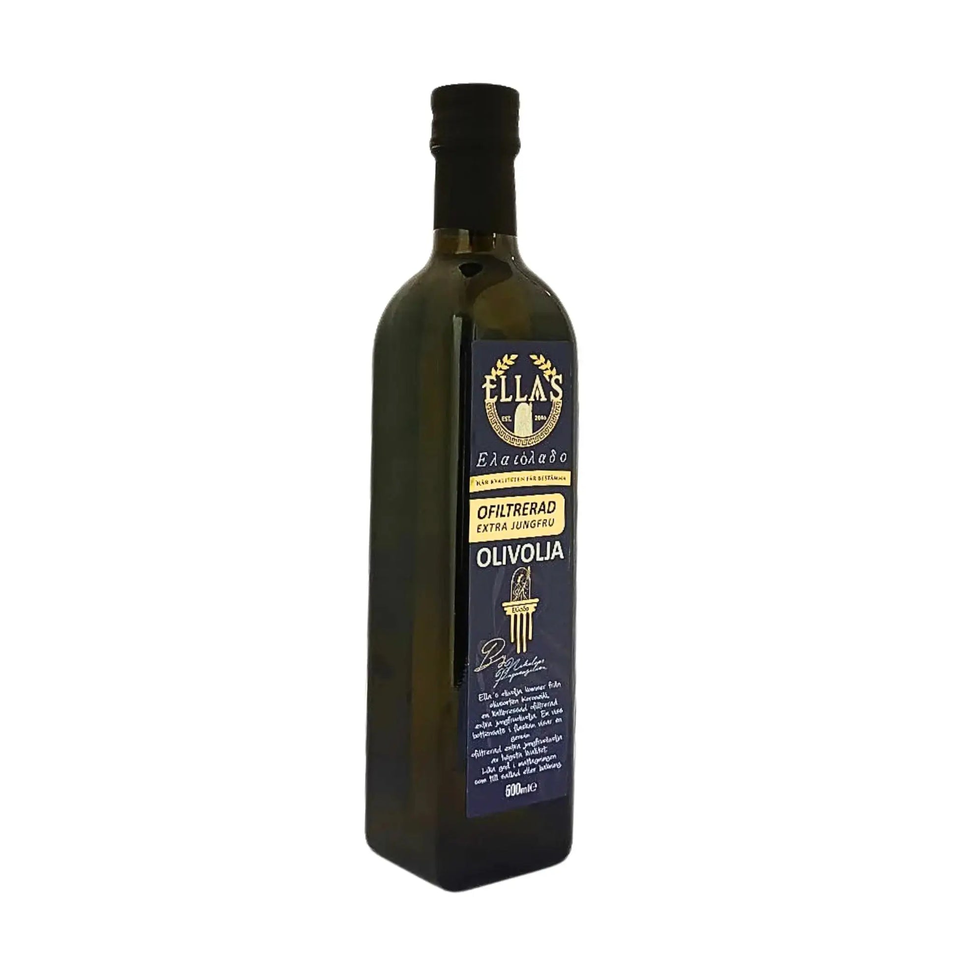 Mörk glasflaska med ofiltrerad extra jungfru olivolja, 500 ml, mot vit bakgrund.
