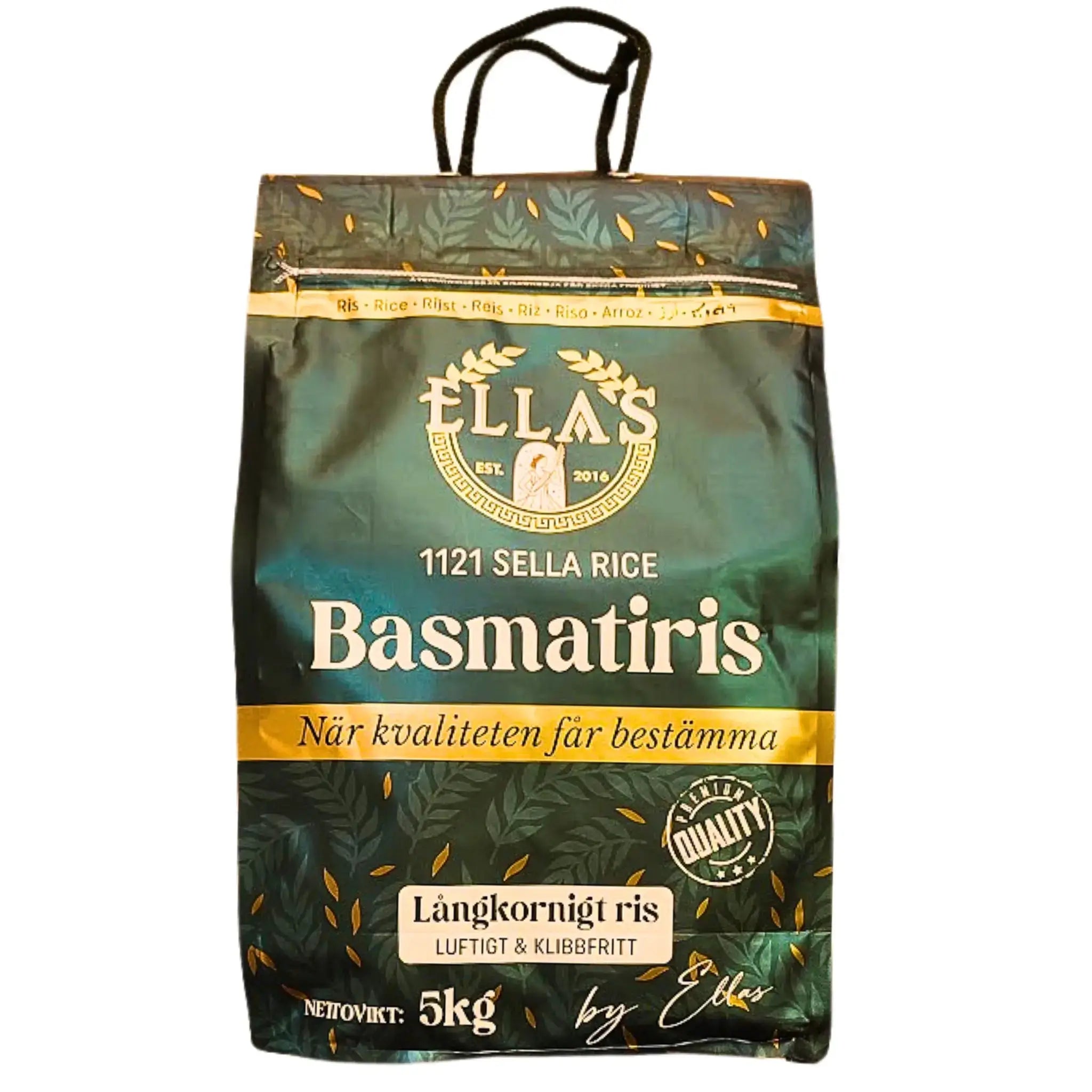 Förpackning med långkornigt basmatiris, 5 kg, grönt och gult med tydlig text.