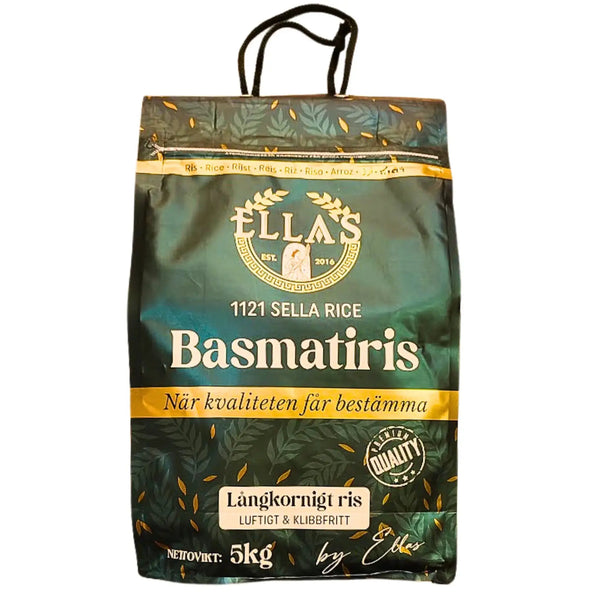 Förpackning med långkornigt basmatiris, 5 kg, grönt och gult med tydlig text.